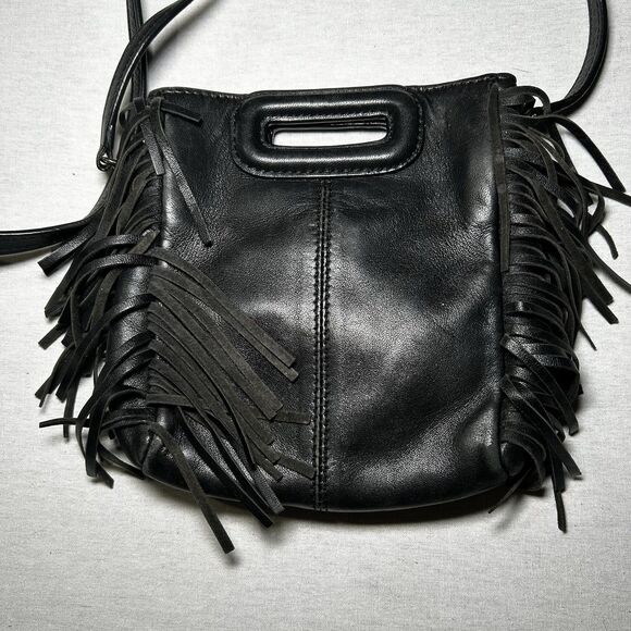 Maje black mini leather M bag with fringed trims and a detachable strap - Picture 3 of 8
